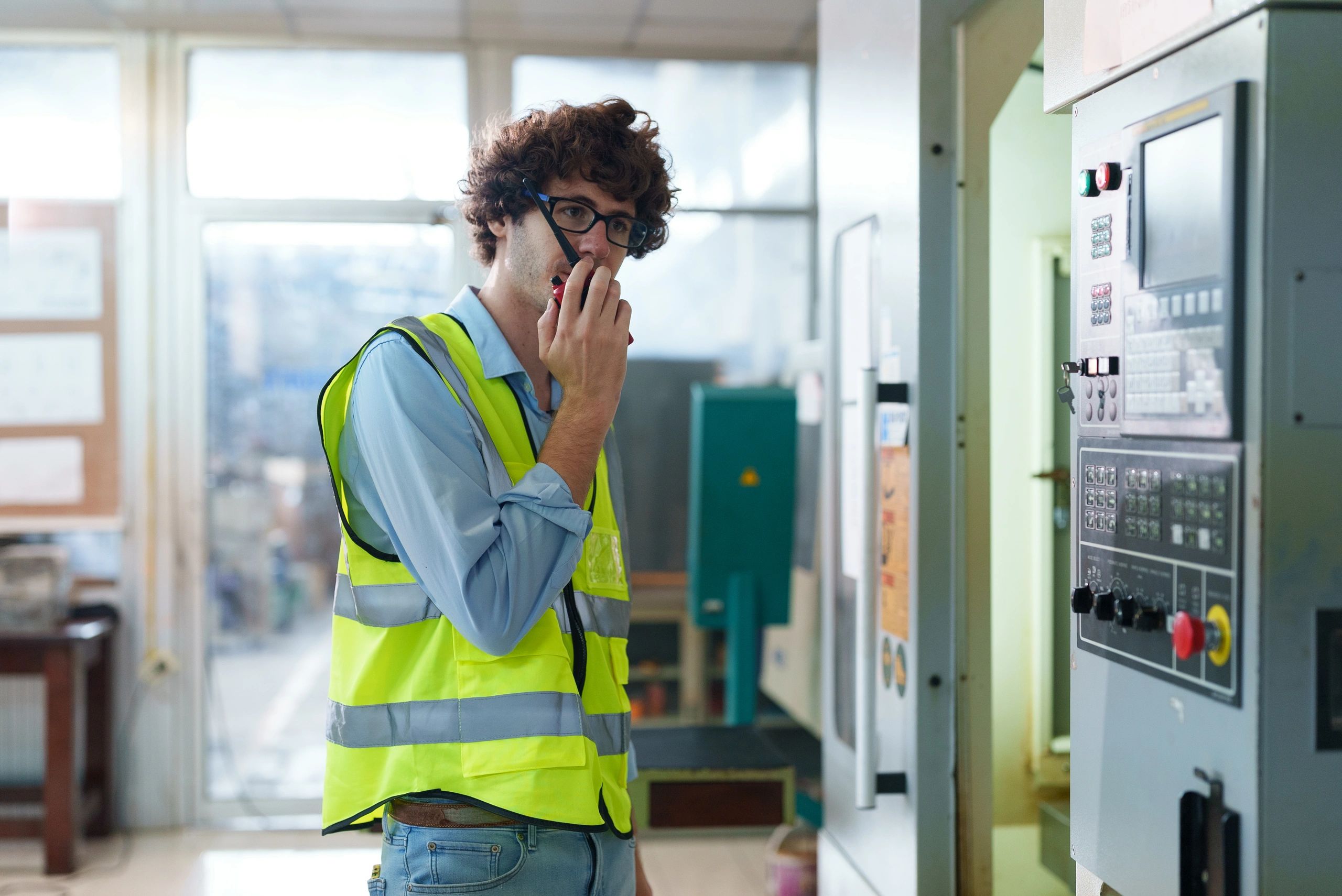 Technician in an industrial setting communicating while monitoring equipment