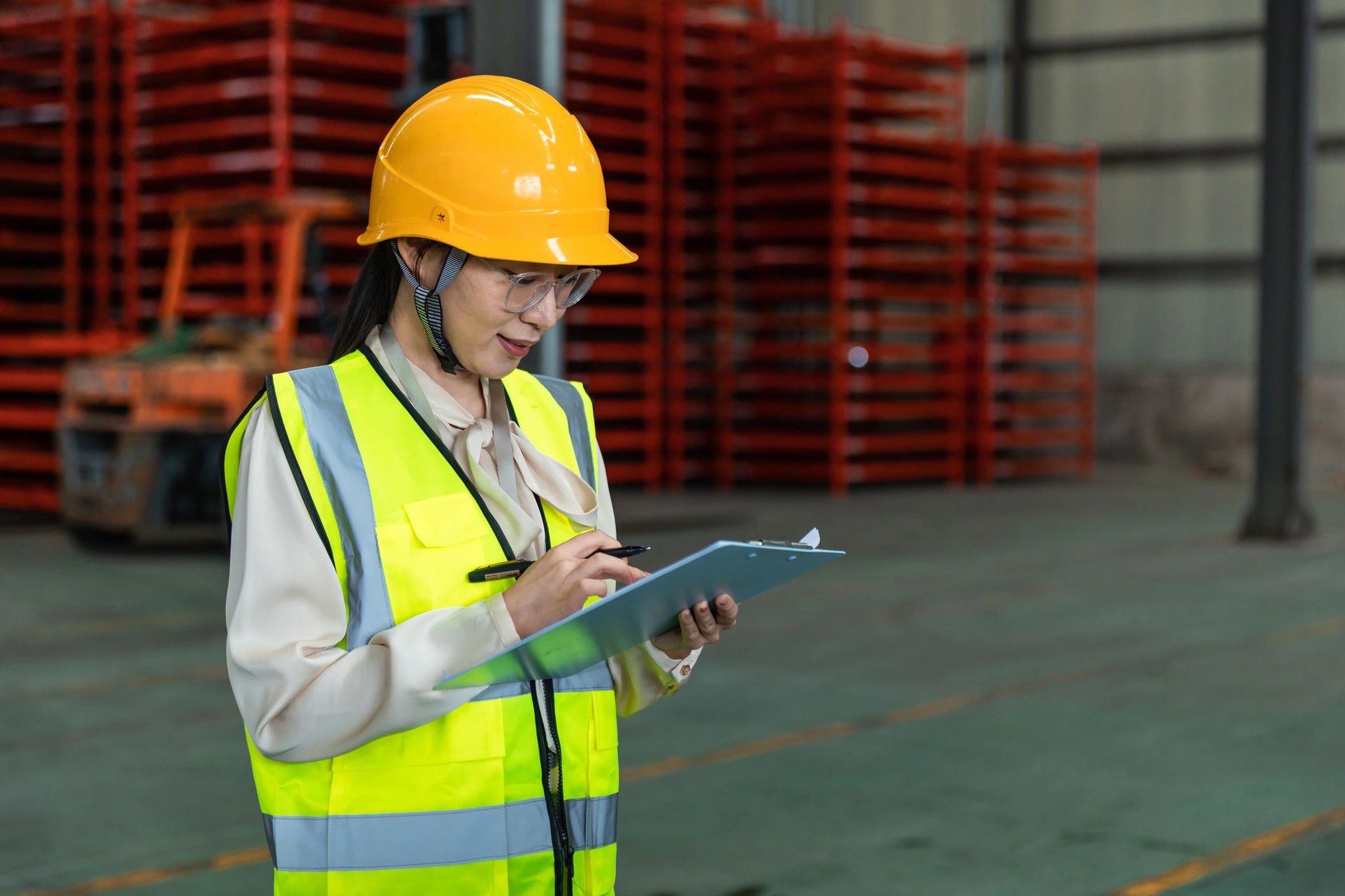 Warehouse worker holding a clipboard and checking inventory, representing inspection checklists