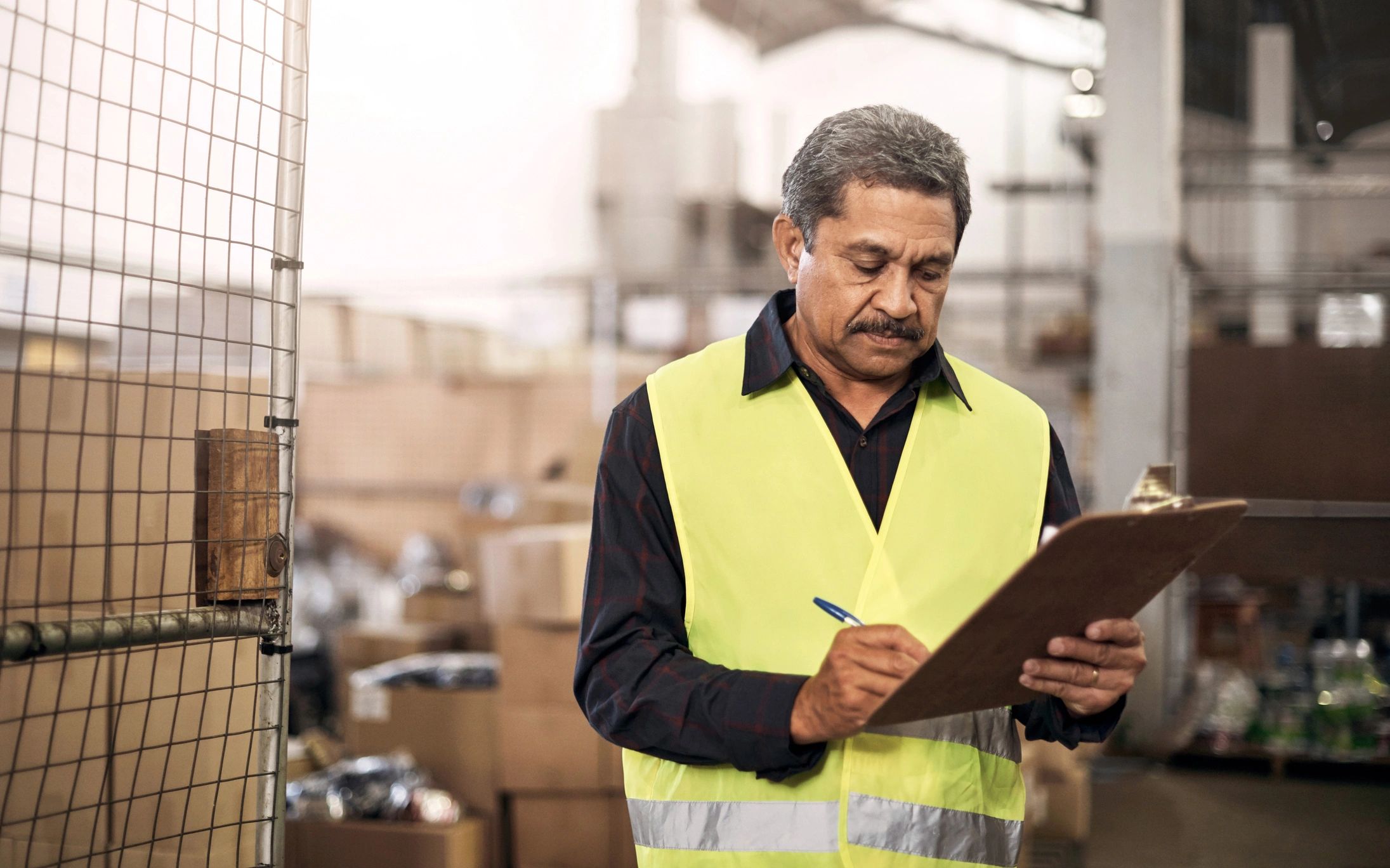Warehouse safety inspection in progress with a worker reviewing a checklist